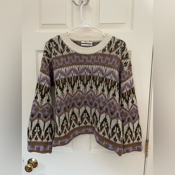 Anthropologie Fabiana Knit Fair Isle Wool Chunky Boxy Sweater Purple Size Small - Picture 2 of 5